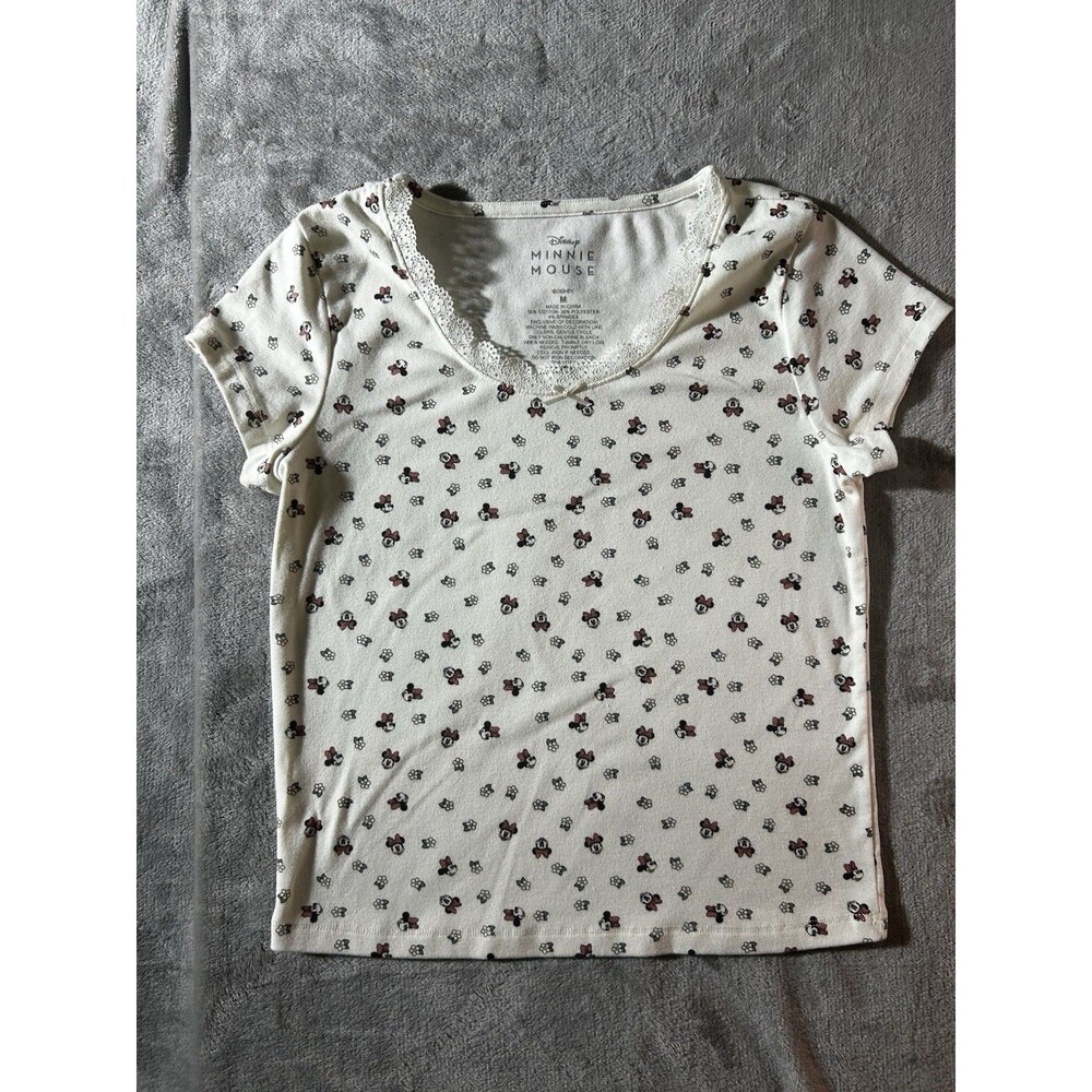 Disney Minnie Mouse Womens Medium Floral Print Lace Trim Short Sleeve